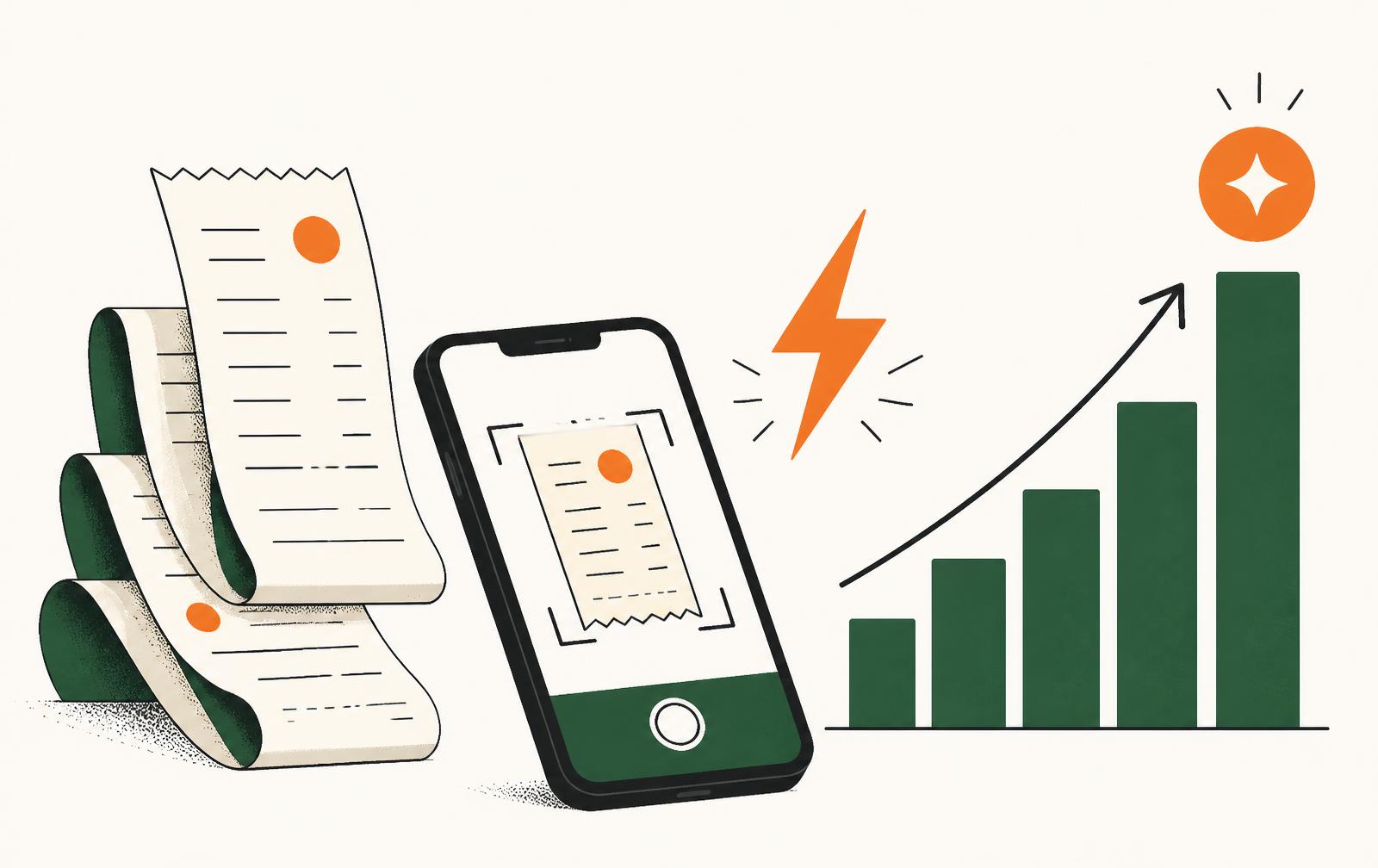 Illustration of captured receipt slips, the SlipZapper app and growing affiliate earnings